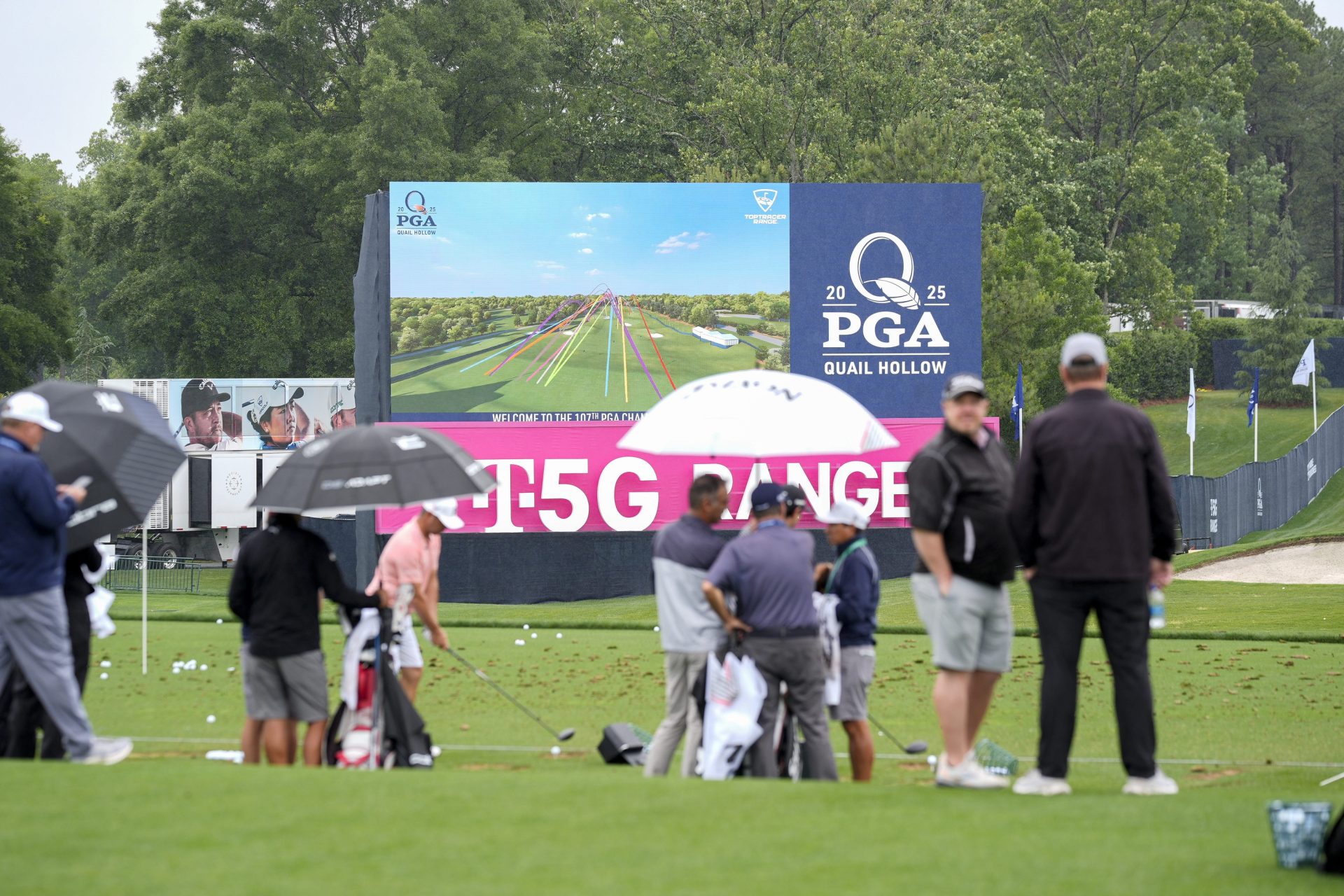 May 12, 2025; Charlotte, North Carolina, USA; Players get to see the trajectory of their golf balls at the driving range during a practice round for the PGA Championship golf tournament at Quail Hollow.