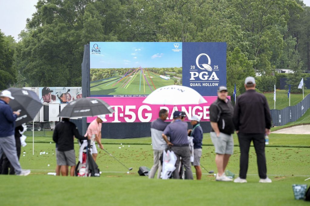 May 12, 2025; Charlotte, North Carolina, USA; Players get to see the trajectory of their golf balls at the driving range during a practice round for the PGA Championship golf tournament at Quail Hollow.