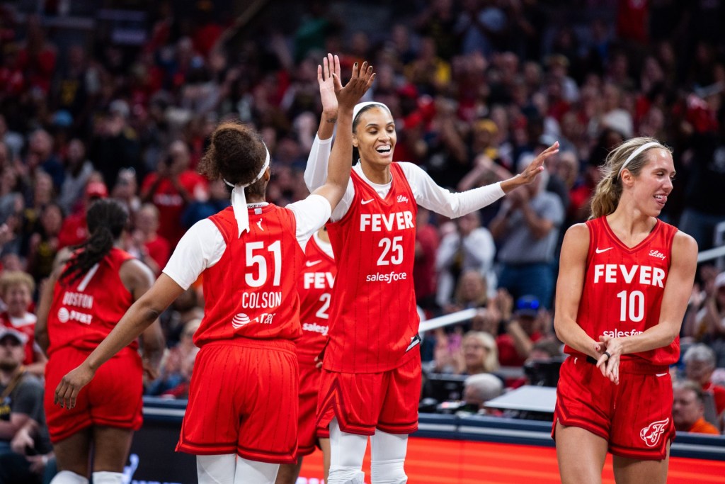 May 17, 2025; Indianapolis, Indiana, USA; Indiana Fever forward DeWanna Bonner (25) celebrates becoming the 3rd most leading points scorer in the WNBA in the second half against the Chicago Sky at Gainbridge Fieldhouse.