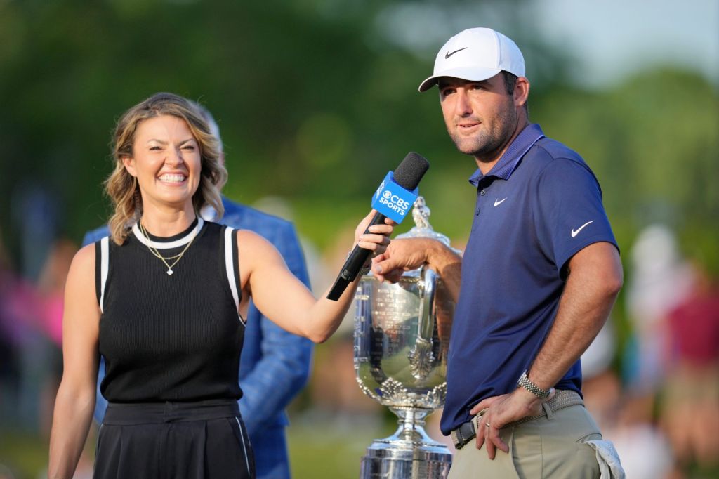 May 18, 2025; Charlotte, North Carolina, USA; Scottie Scheffler is interviewed after winning the PGA Championship golf tournament at Quail Hollow.