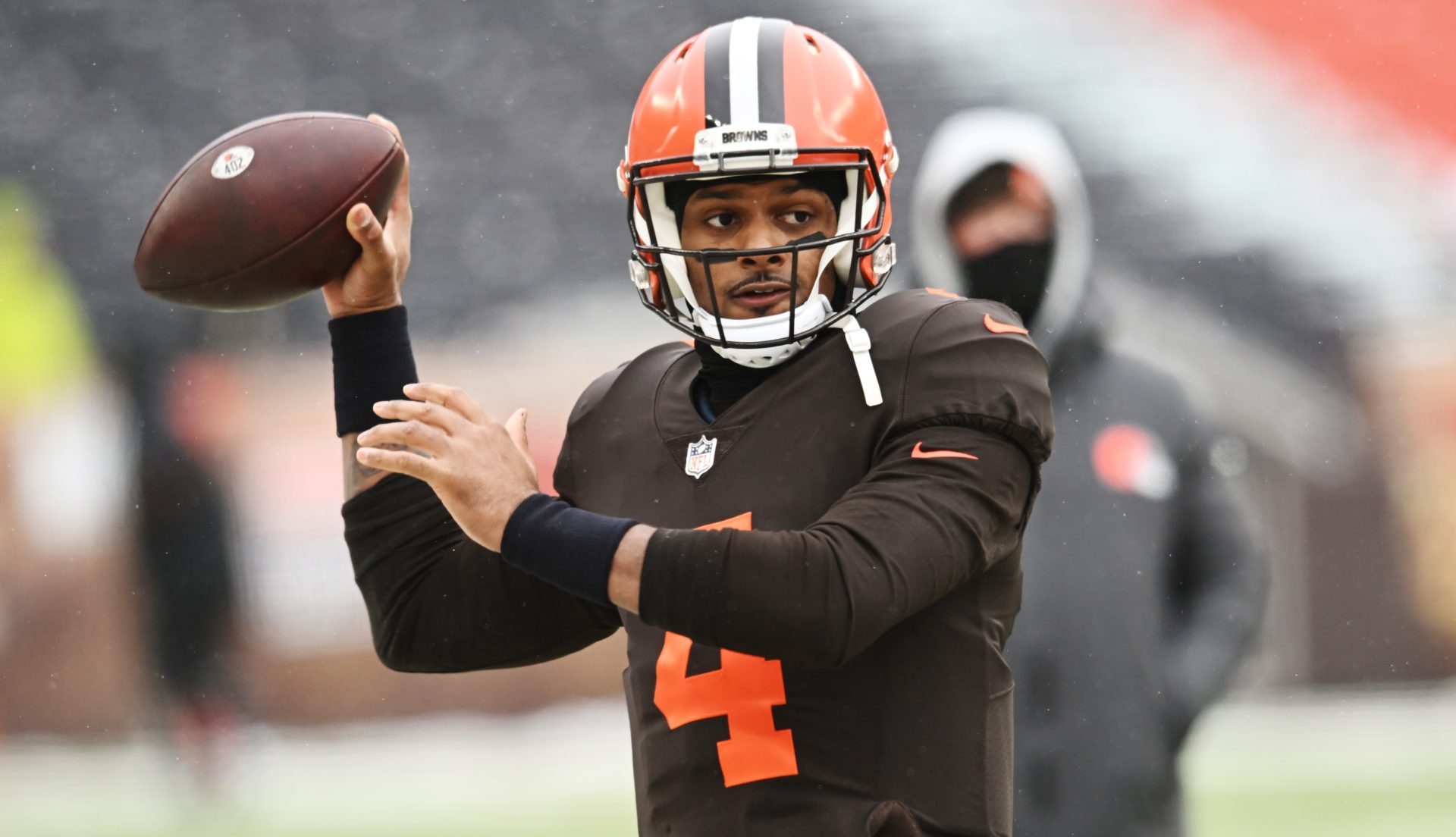 Dec 24, 2022; Cleveland, Ohio, USA; Cleveland Browns quarterback Deshaun Watson (4) warms up before the game between the Browns and the New Orleans Saints at FirstEnergy Stadium