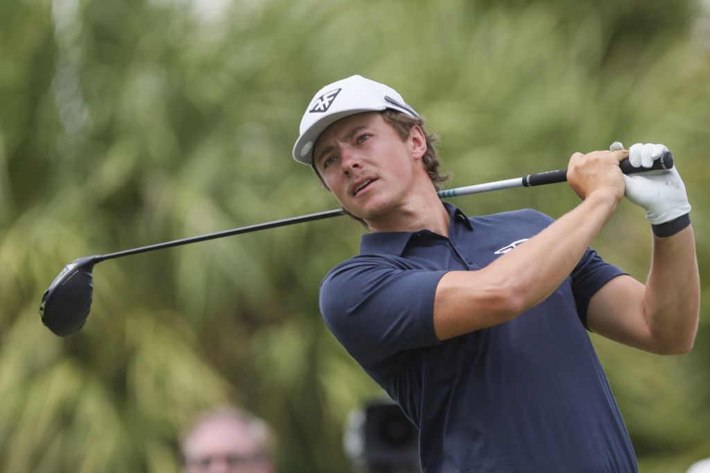 Oct 20, 2023; Doral, Florida, USA; James Piot plays his shot from the eighth tee during the first round of the LIV Golf Miami golf tournament at Trump National Doral.