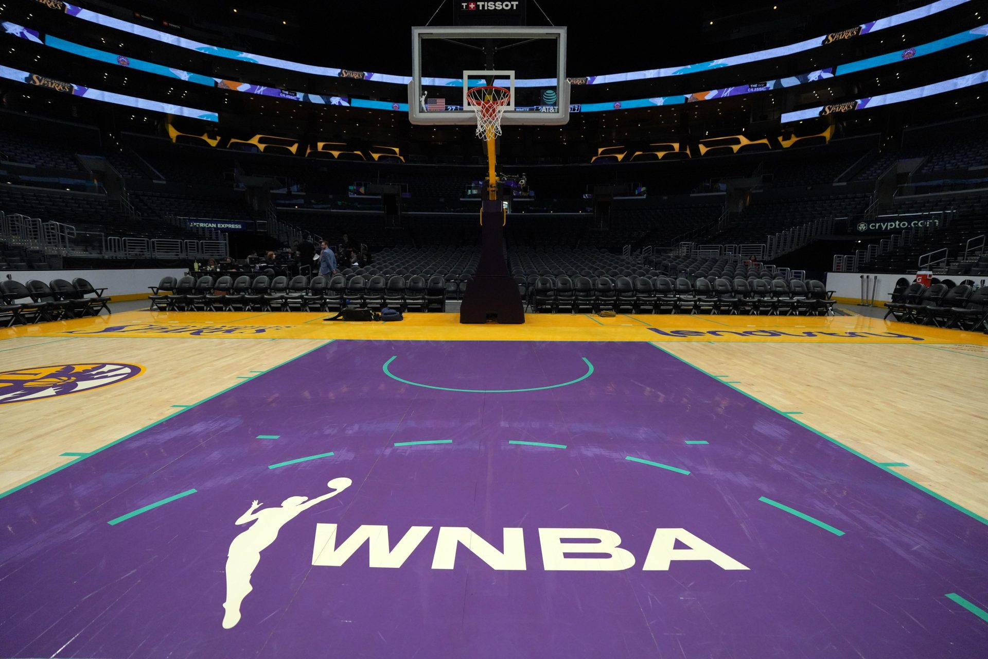 Jul 9, 2024; Los Angeles, California, USA; The WNBA logo on the court at Crypto.com Arena.