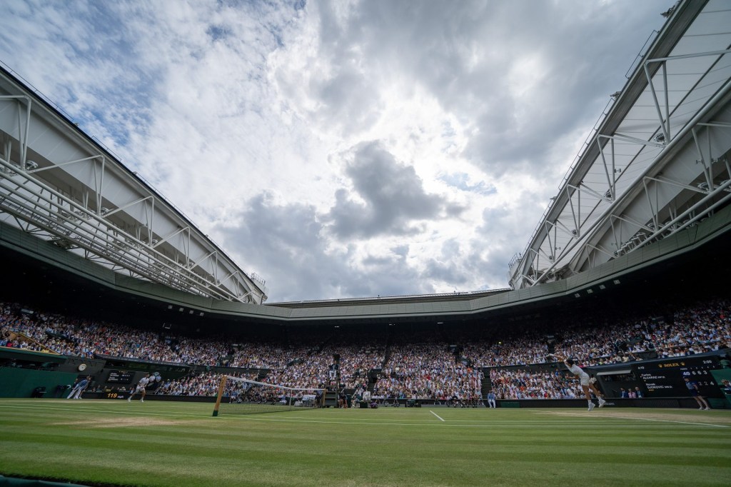 Jul 14, 2024; London, United Kingdom; General view of Centre Court during the Carlos Alcaraz of Spain and Novak Djokovic of Serbia menÕs singles final on day 14 at All England Lawn Tennis and Croquet Club.