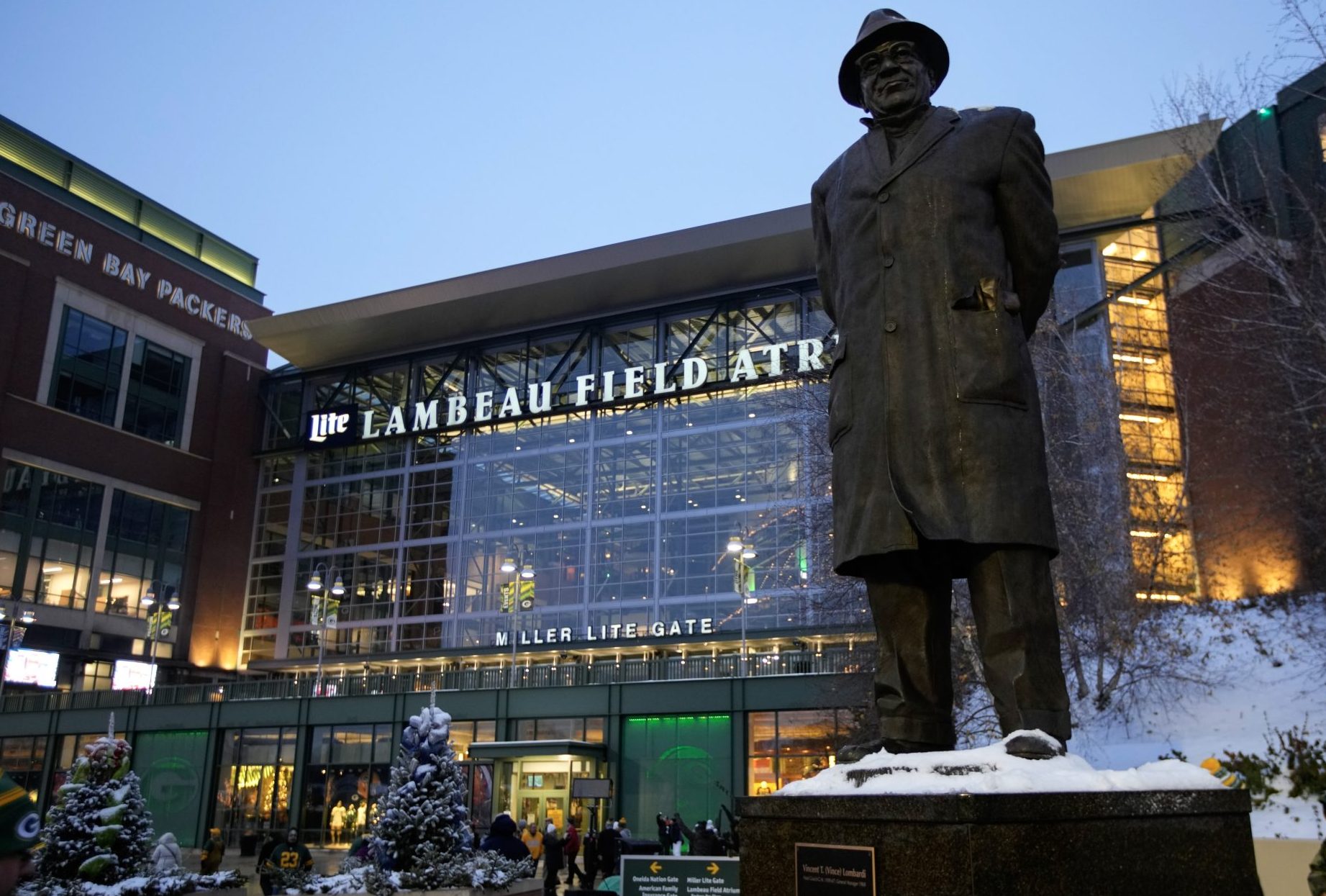 Dec 23, 2024; Green Bay, Wisconsin, USA; General view of the Vince Lombardi statue outside of Lambeau Field prior to the game between the New Orleans Saints and Green Bay Packers.