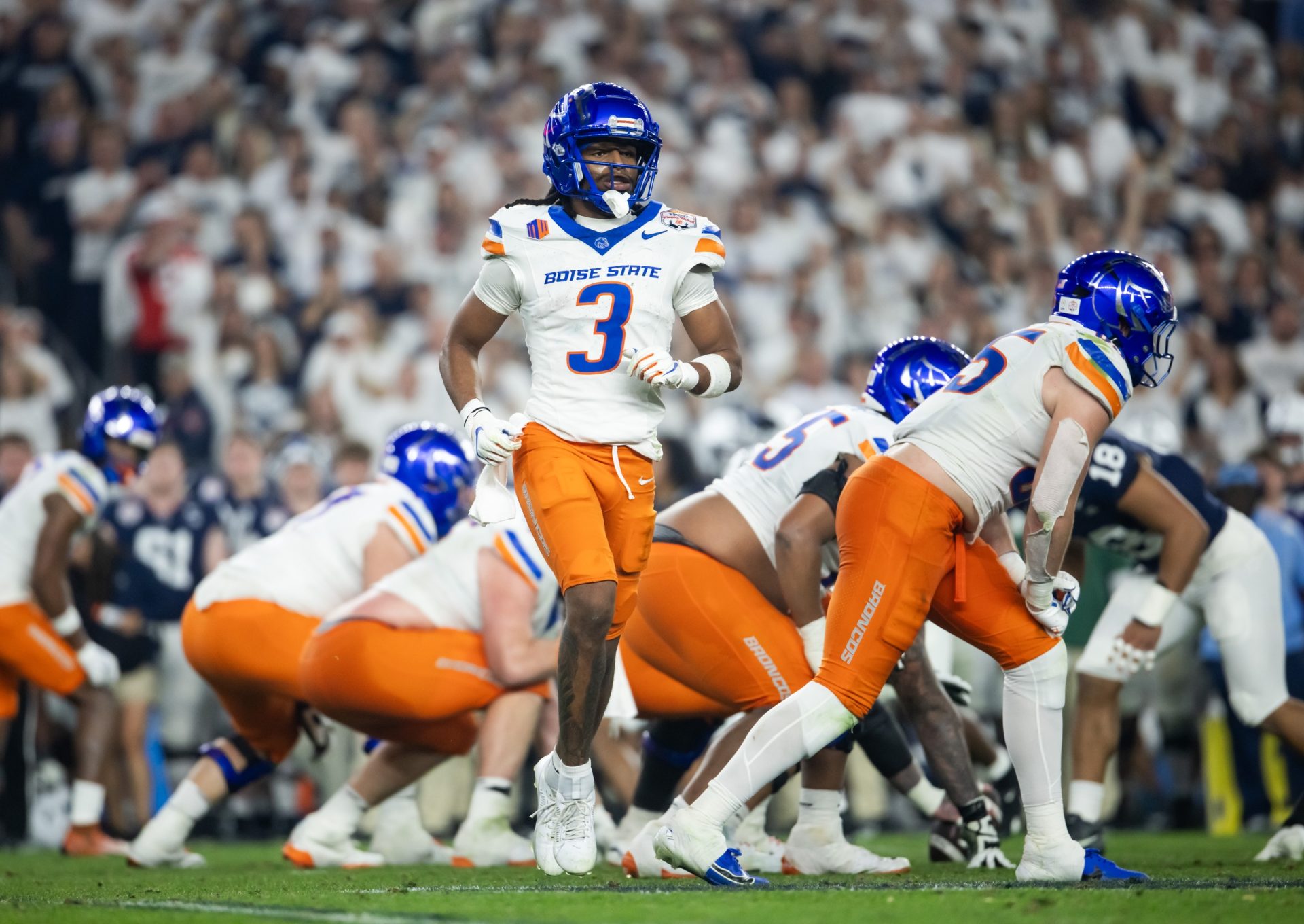 Dec 31, 2024; Glendale, AZ, USA; Boise State Broncos wide receiver Latrell Caples (3) against the Penn State Nittany Lions during the Fiesta Bowl at State Farm Stadium.