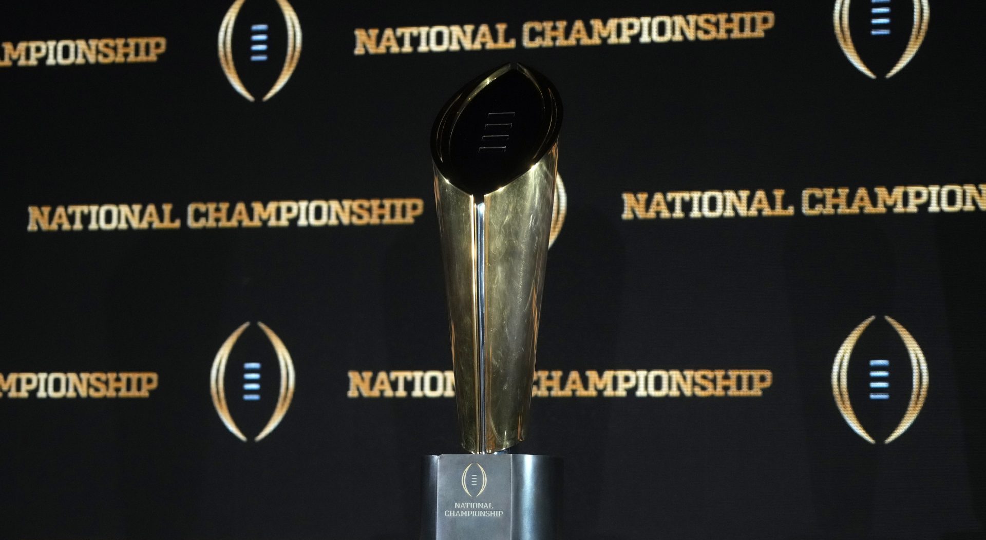 Jan 19, 2025; Atlanta, GA, USA; The College Football Playoff National Championship trophy at a press conference at The Westin Peachtree Plaza, Savannah Ballroom.