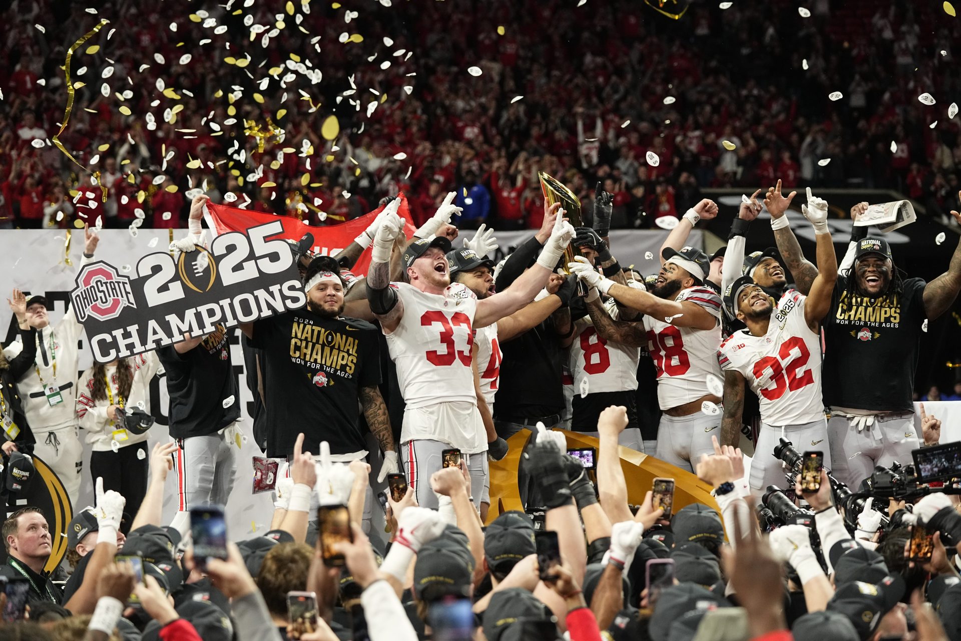 Ohio State Buckeyes celebrate their 34-23 win over Notre Dame Fighting Irish to win the College Football Playoff National Championship at Mercedes-Benz Stadium in Atlanta on January 20, 2025.