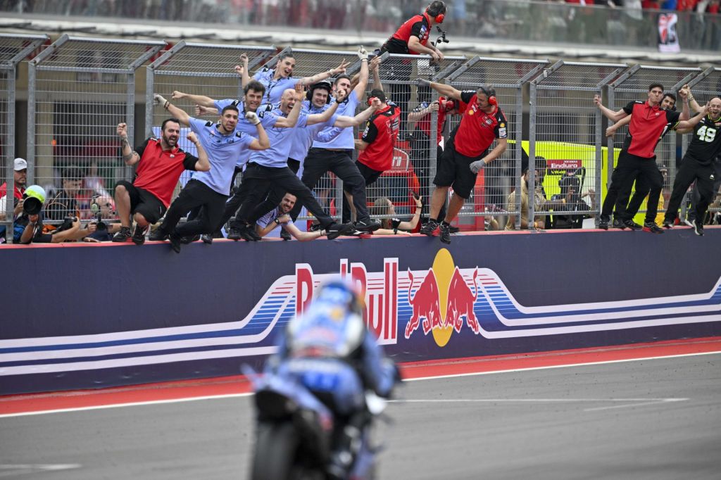 Mar 30, 2025; Austin, TX, USA; The team of Alex Marquez (73) of Spain and BK8 Gresini Racing MotoGP celebrate as he comes in second place in the 2025 Grand Prix of the Americas at Circuit of The Americas.