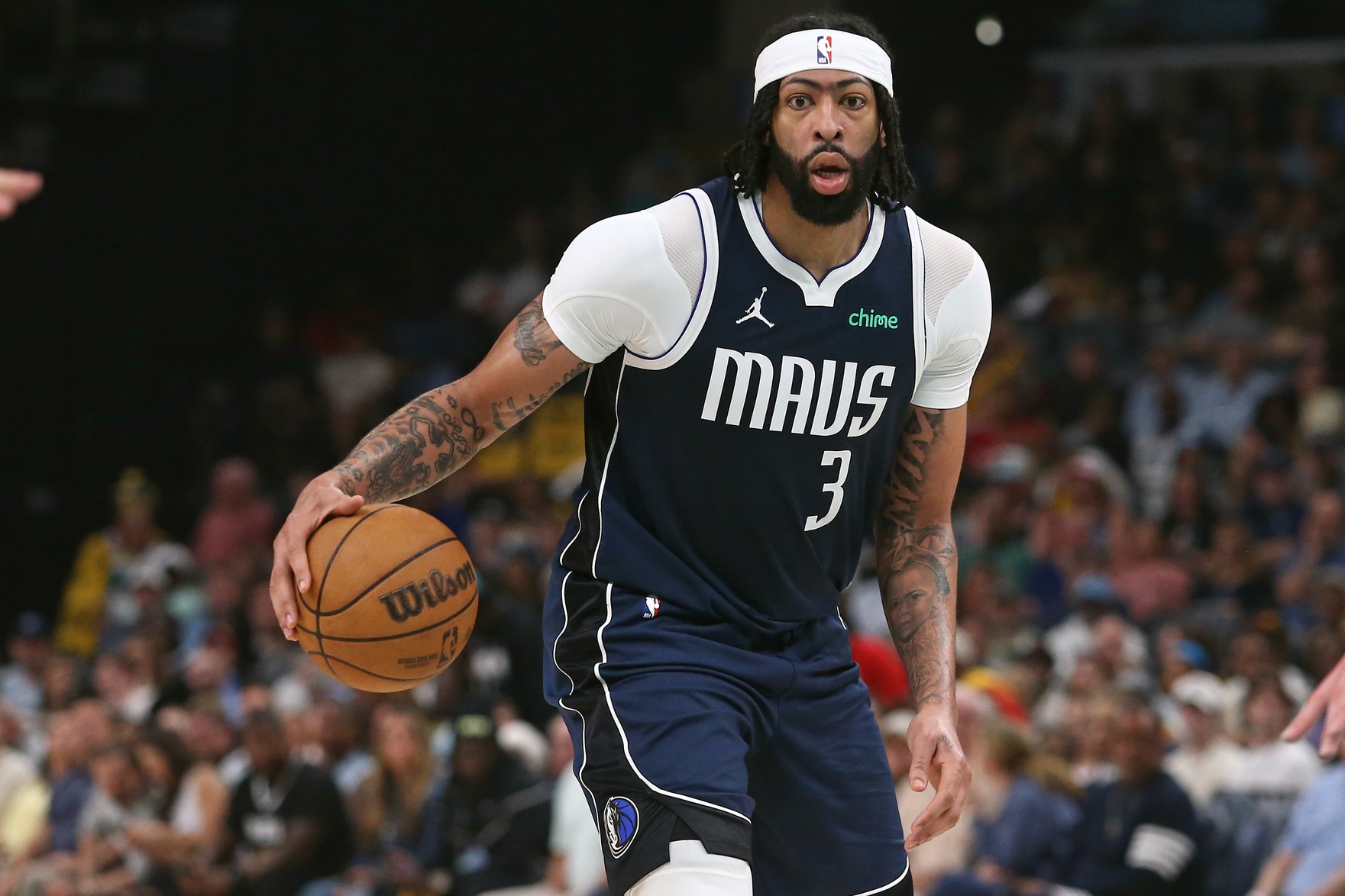 Apr 18, 2025; Memphis, Tennessee, USA; Dallas Mavericks forward Anthony Davis (3) dribbles during the second quarter against the Memphis Grizzlies at FedExForum.