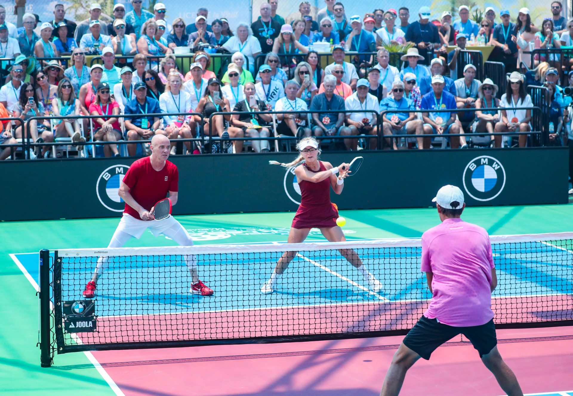 Andre Agassi makes his pickleball debut as he competes with Anna Leigh Waters in a Minto U.S. Open Pickleball Championships mixed pro doubles match against Tristan Dussault and Stevie Petrpouleas at East Naples Community Park in Naples, Fla., on Wednesday, April 30, 2025. Agassi and Waters won 2-1.
