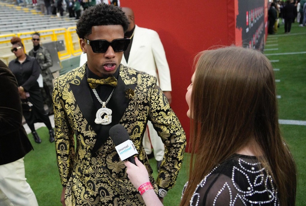 Be MKE: Hannah Kirby interviewing Matthew Golden at the NFL draft red carpet at Lambeau Field on April 24, 2025 ahead of him being picked by the Green Bay Packers later that night.