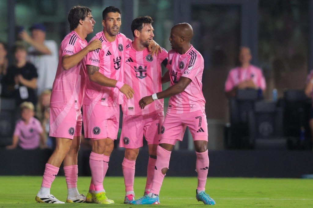 May 28, 2025; Fort Lauderdale, Florida, USA; Inter Miami CF forward Luis Suarez (9) celebrates with forward Lionel Messi (10), midfielder Benjamin Cremaschi (30) and midfielder Fafa Picault (7) after scoring against CF Montreal during the second half at Chase Stadium.