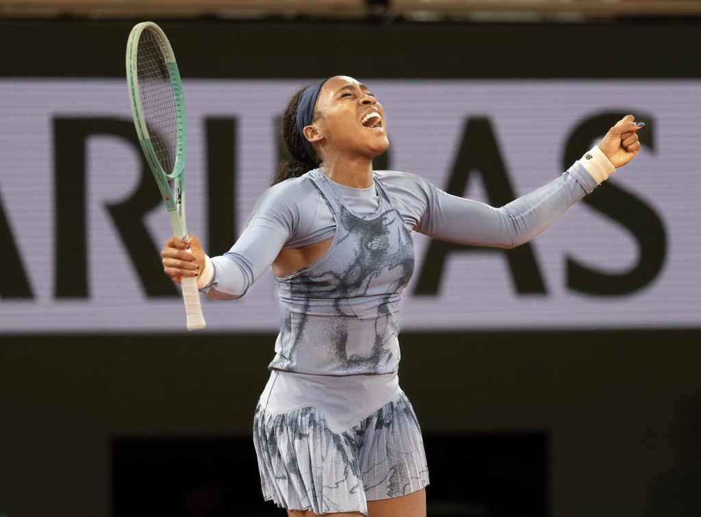 Jun 4, 2025; Paris, FR; Coco Gauff of the United States celebrates winning her match against Madison Keys of the United States on day 11 at Roland Garros Stadium.