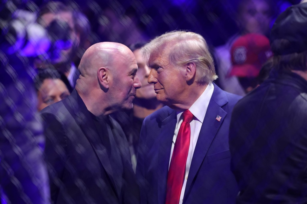 Nov 16, 2024; New York, NY, USA; President-elect Donald Trump speaks with Dana White (left) during UFC 309 at Madison Square Garden.