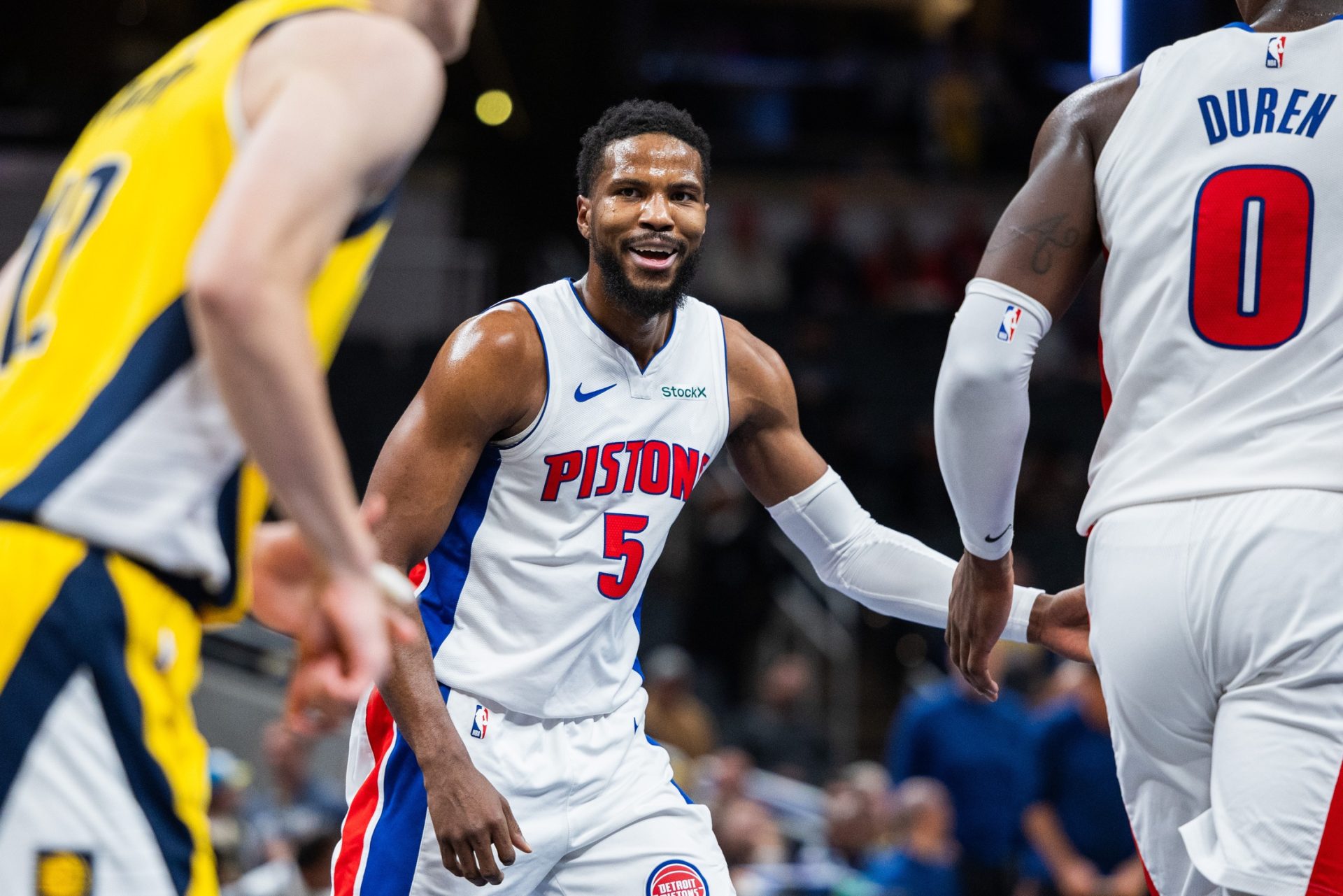 Nov 29, 2024; Indianapolis, Indiana, USA; Detroit Pistons guard Malik Beasley (5) celebrates a shot in the second half against the Indiana Pacers at Gainbridge Fieldhouse.