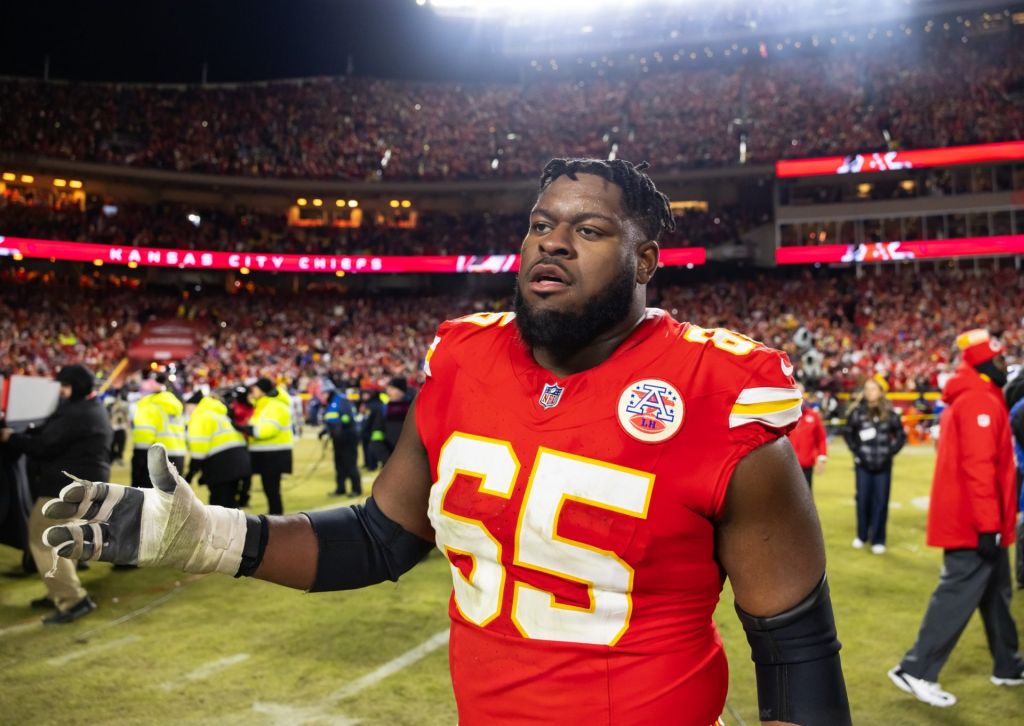 Jan 26, 2025; Kansas City, MO, USA; Kansas City Chiefs guard Trey Smith (65) against the Buffalo Bills in the AFC Championship game at GEHA Field at Arrowhead Stadium.