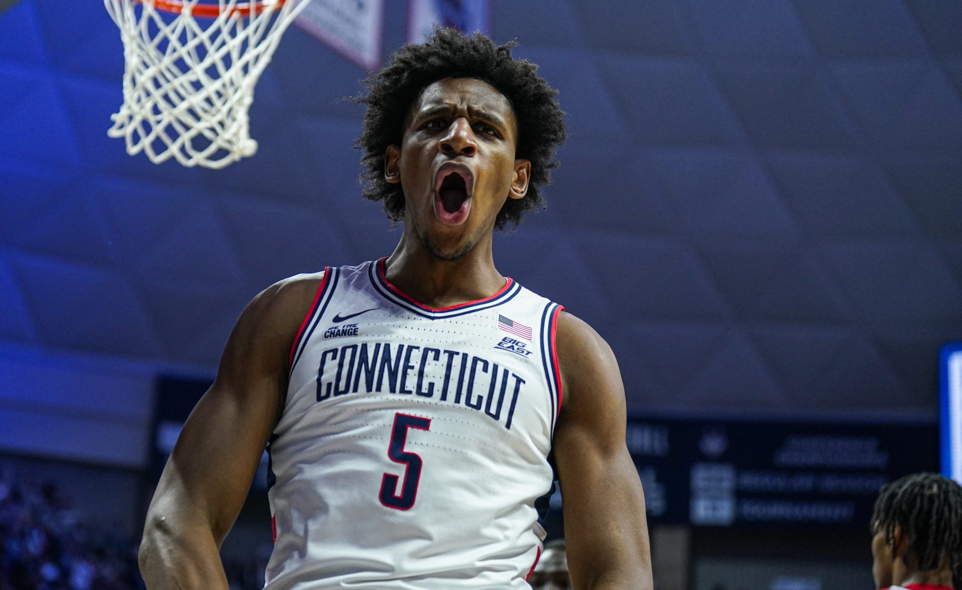 Feb 7, 2025; Storrs, Connecticut, USA; UConn Huskies center Tarris Reed Jr. (5) reacts after his basket against the St. John's Red Storm in the first half at Harry A. Gampel Pavilion.