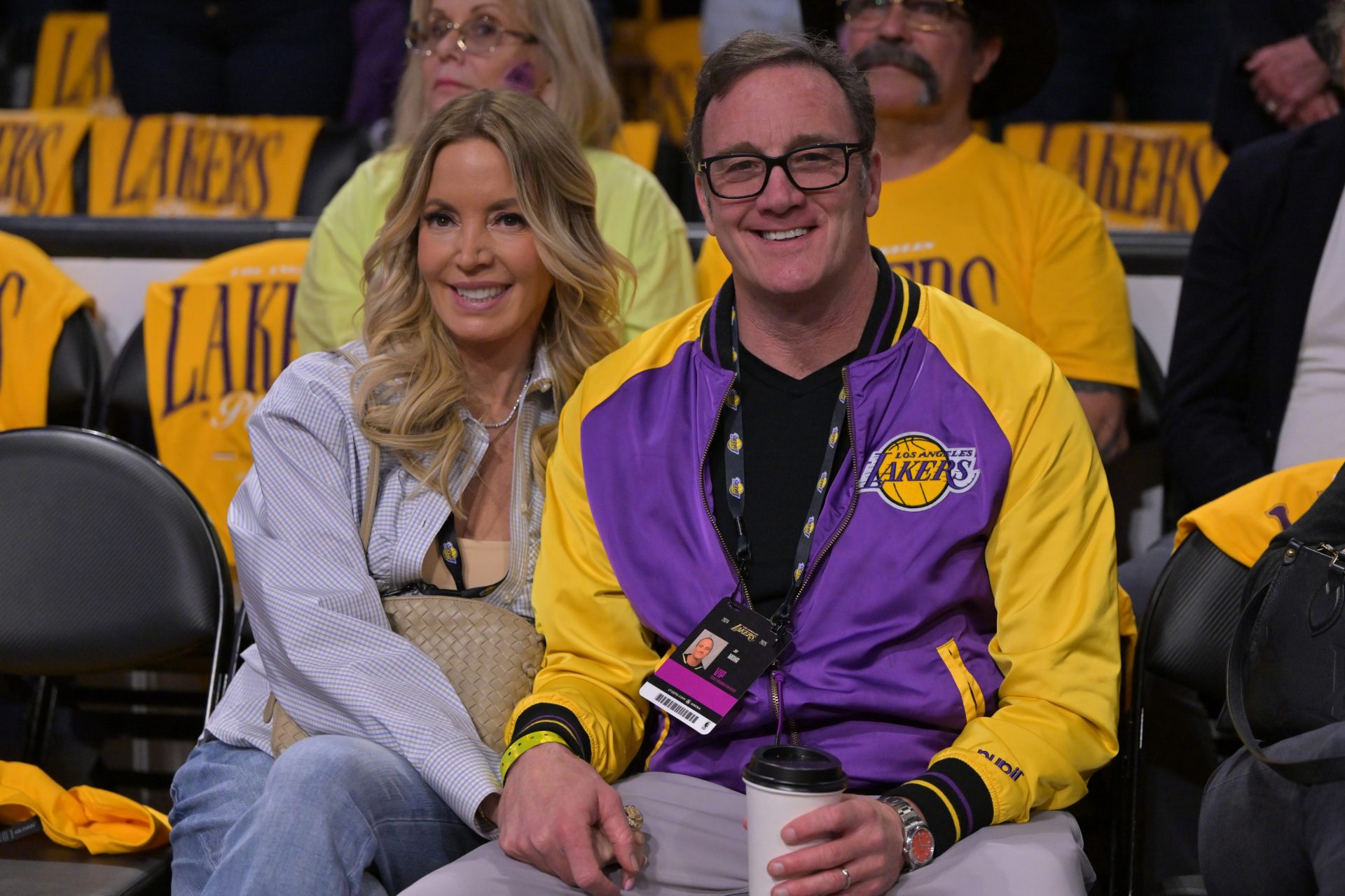 Apr 19, 2025; Los Angeles, California, USA; Los Angeles Lakers owner Jeanie Buss and husband Jay Mohr attend the game against the Minnesota Timberwolves at Crypto.com Arena.