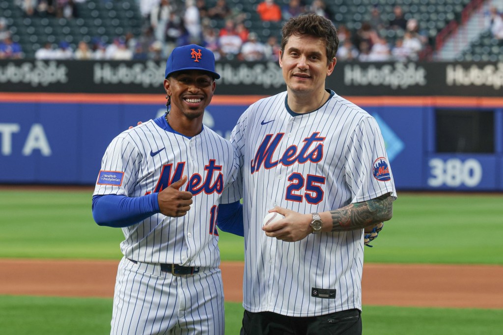 Apr 29, 2025; New York City, New York, USA; American singer-songwriter and guitarist John Mayer, right, poses for a photo with New York Mets shortstop Francisco Lindor (12) before the game between the Mets and the Arizona Diamondbacks at Citi Field.