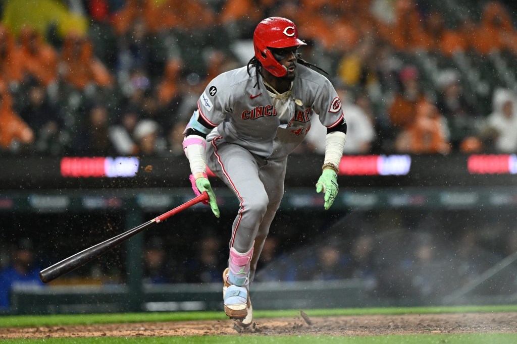 Jun 13, 2025; Detroit, Michigan, USA; Cincinnati Reds shortstop Elly De La Cruz (44) takes off down the first base line after hitting a double against the Detroit Tigers in the the ninth inning at Comerica Park.