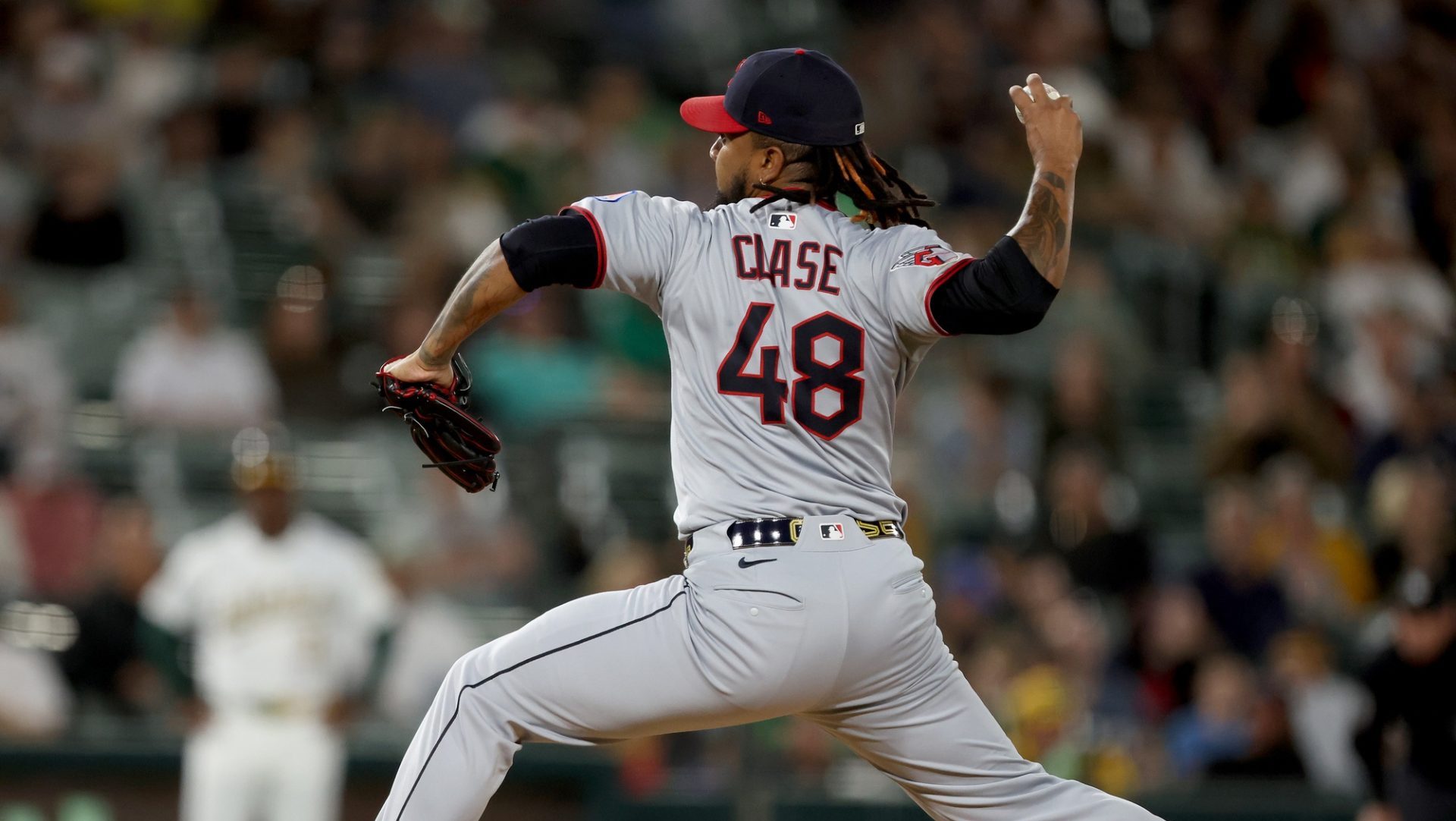 Jun 21, 2025; West Sacramento, California, USA; Cleveland Guardians pitcher Emmanuel Clase (48) throws a pitch against the Athletics during the ninth inning at Sutter Health Park.