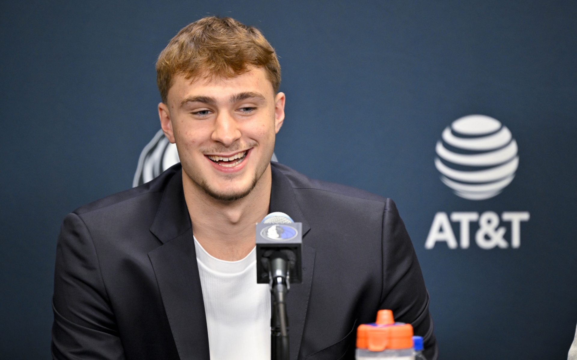Jun 27, 2025; Dallas, TX, USA; Dallas Mavericks first overall pick Cooper Flagg speaks to the media during a press conference at the Dallas Mavericks Practice Facility.