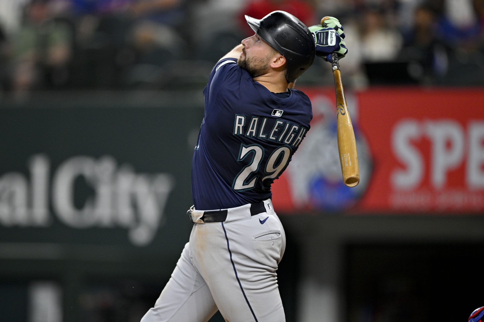 Jun 28, 2025; Arlington, Texas, USA; Seattle Mariners catcher Cal Raleigh (29) bats during the game between the Texas Rangers and the Seattle Mariners at Globe Life Field.