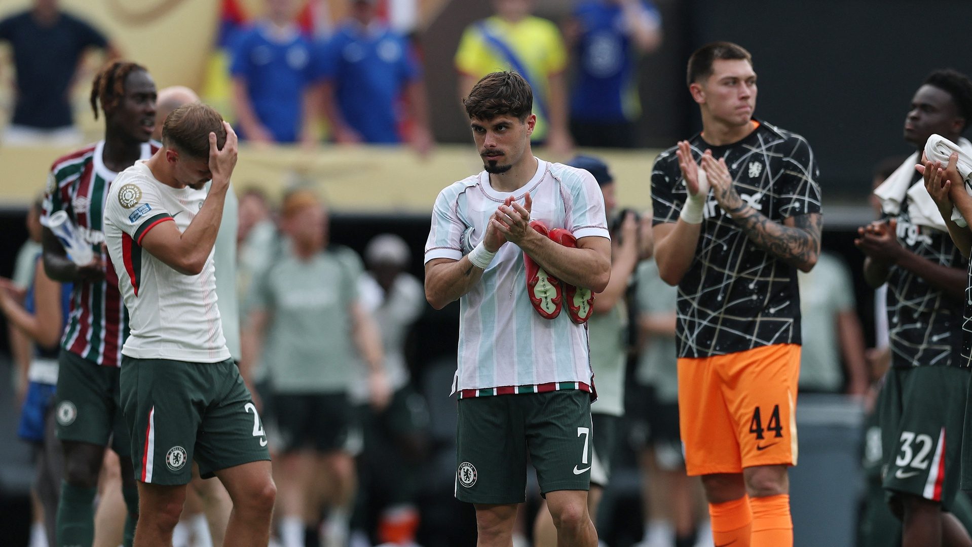 Jul 8, 2025; East Rutherford, New Jersey, USA; Chelsea FC forward Pedro Neto (7) applauds fans after a semifinal match of the 2025 FIFA Club World Cup at MetLife Stadium.