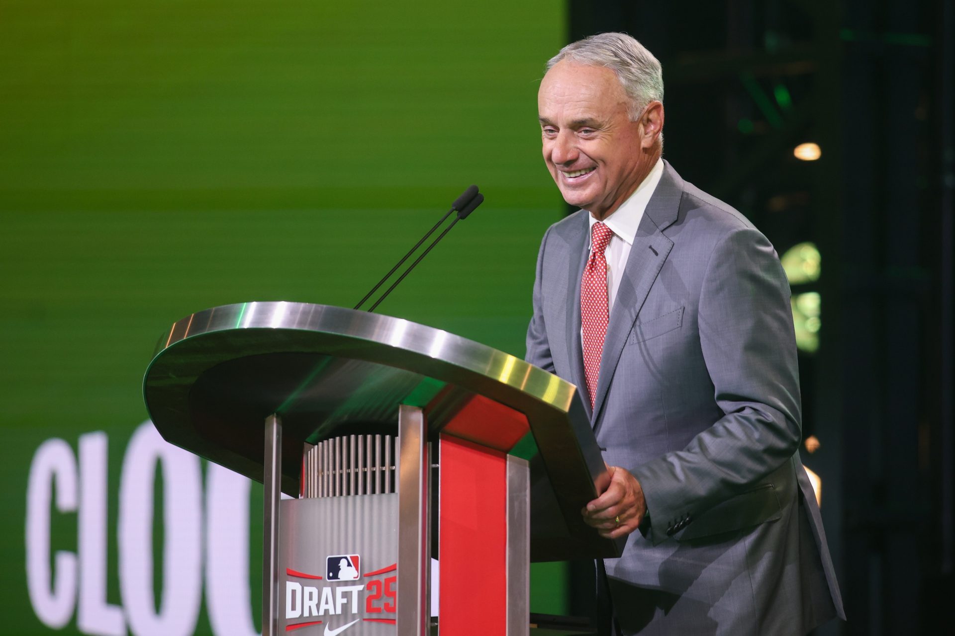 Jul 13, 2025; Atlanta, GA, USA; MLB Commissioner Rob Manfred announces the pick for the Athletics pick during the MLB Draft at The Coca-Cola Roxy.