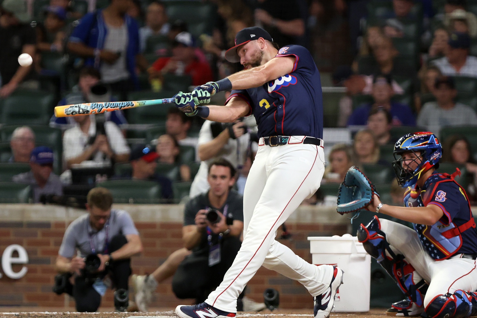 Jul 14, 2025; Atlanta, GA, USA; Seattle Mariners catcher Cal Raleigh (29) bats during the 2025 Home Run Derby at Truist Park.