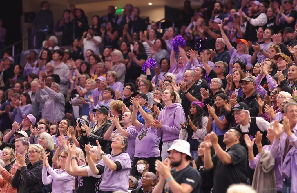 Jul 14, 2025; San Francisco, California, USA; Golden State Valkyries fans acknowledge local basketball alumni during a time out against the Phoenix Mercury during the second quarter at Chase Center.