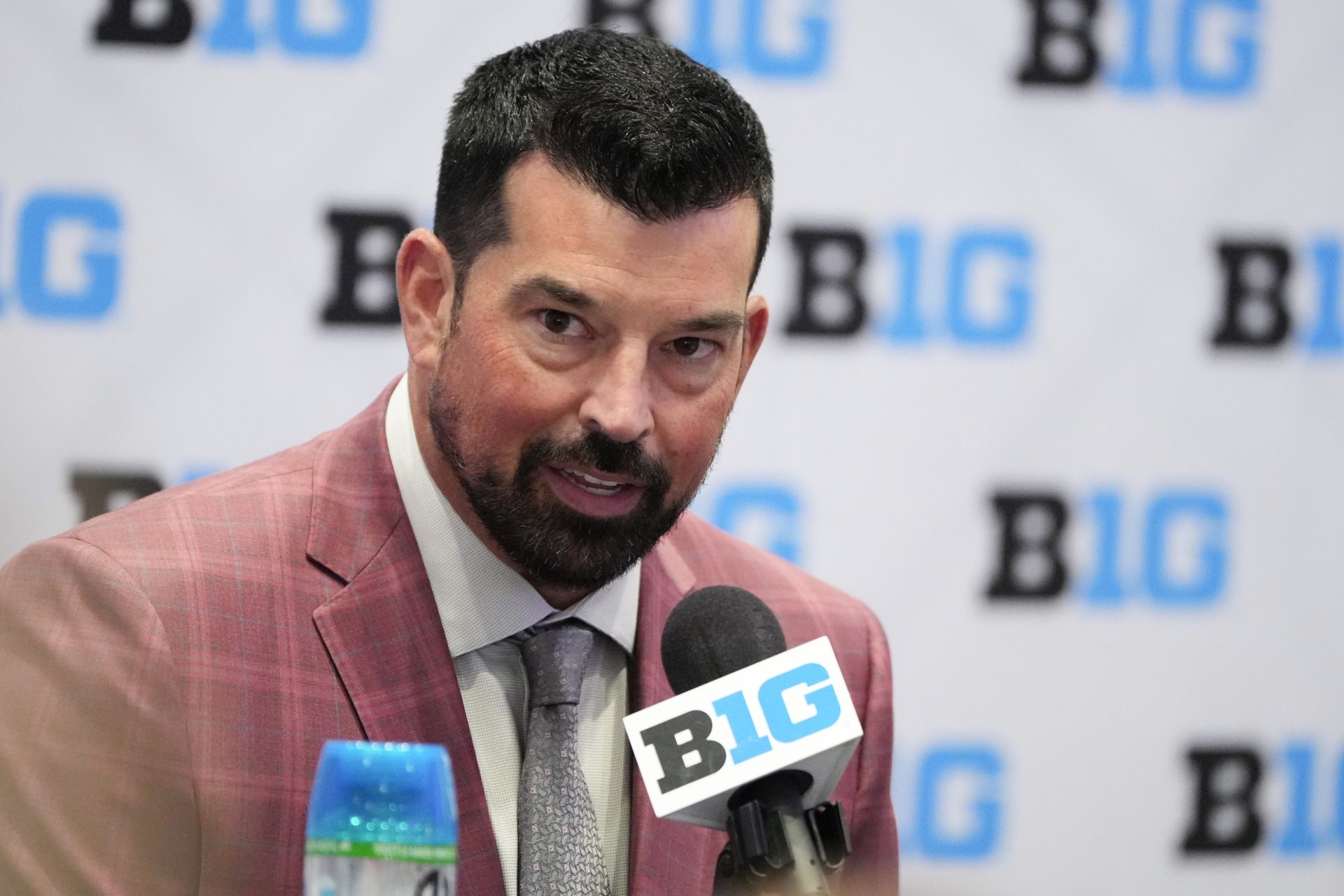 Jul 22, 2025; Las Vegas, NV, USA; Ohio State head coach Ryan Day speaks to the media during the Big Ten NCAA college football media days at Mandalay Bay Resort.