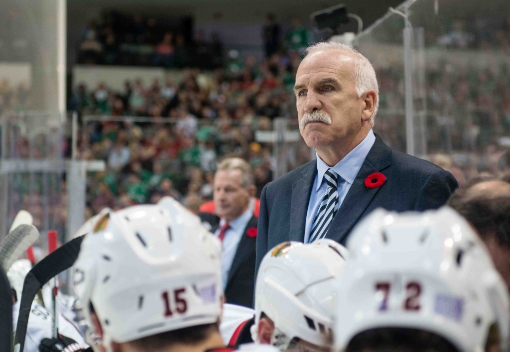 Nov 5, 2016; Dallas, TX, USA; Chicago Blackhawks head coach Joel Quenneville during the game against the Dallas Stars at the American Airlines Center. The Blackhawks defeat the Stars 3-2