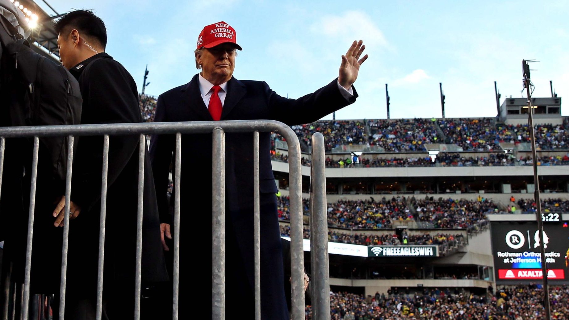 Dec 14, 2019; Philadelphia, PA, USA; President Donald Trump wave during the second quarter of the game between the Navy Midshipmen and the Army Black Knights at Lincoln Financial Field