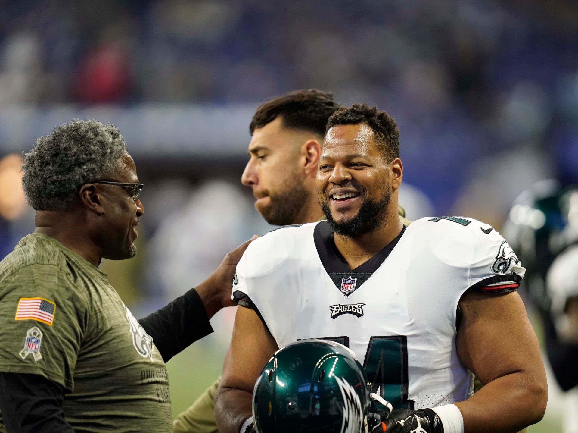 Philadelphia Eagles defensive tackle Ndamukong Suh (74) laughs before the game Sunday, Nov. 20, 2022, at Lucas Oil Stadium.