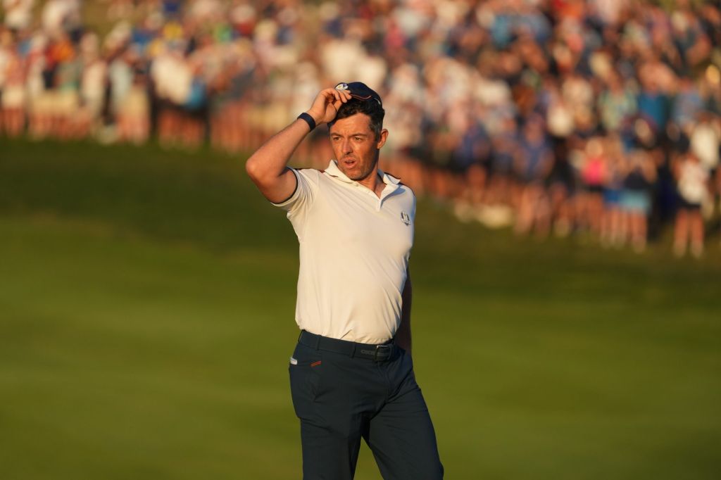 Sep 30, 2023; Rome, ITALY; Team Europe golfer Rory McIlroy on the 16th green during day two fourballs round for the 44th Ryder Cup golf competition at Marco Simone Golf and Country Club.