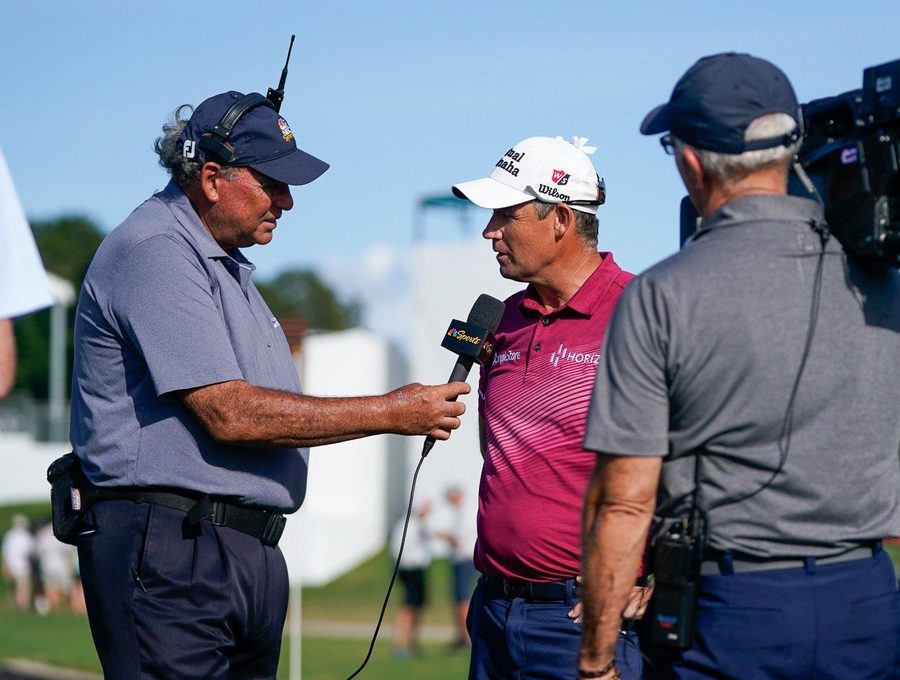 Padraig Harrington is interviewed by the Golf Channel on the 18th green after the final round of the TimberTech Championship at The Old Course at Broken Sound on Sunday, November 5, 2023, in Boca Raton, FL.