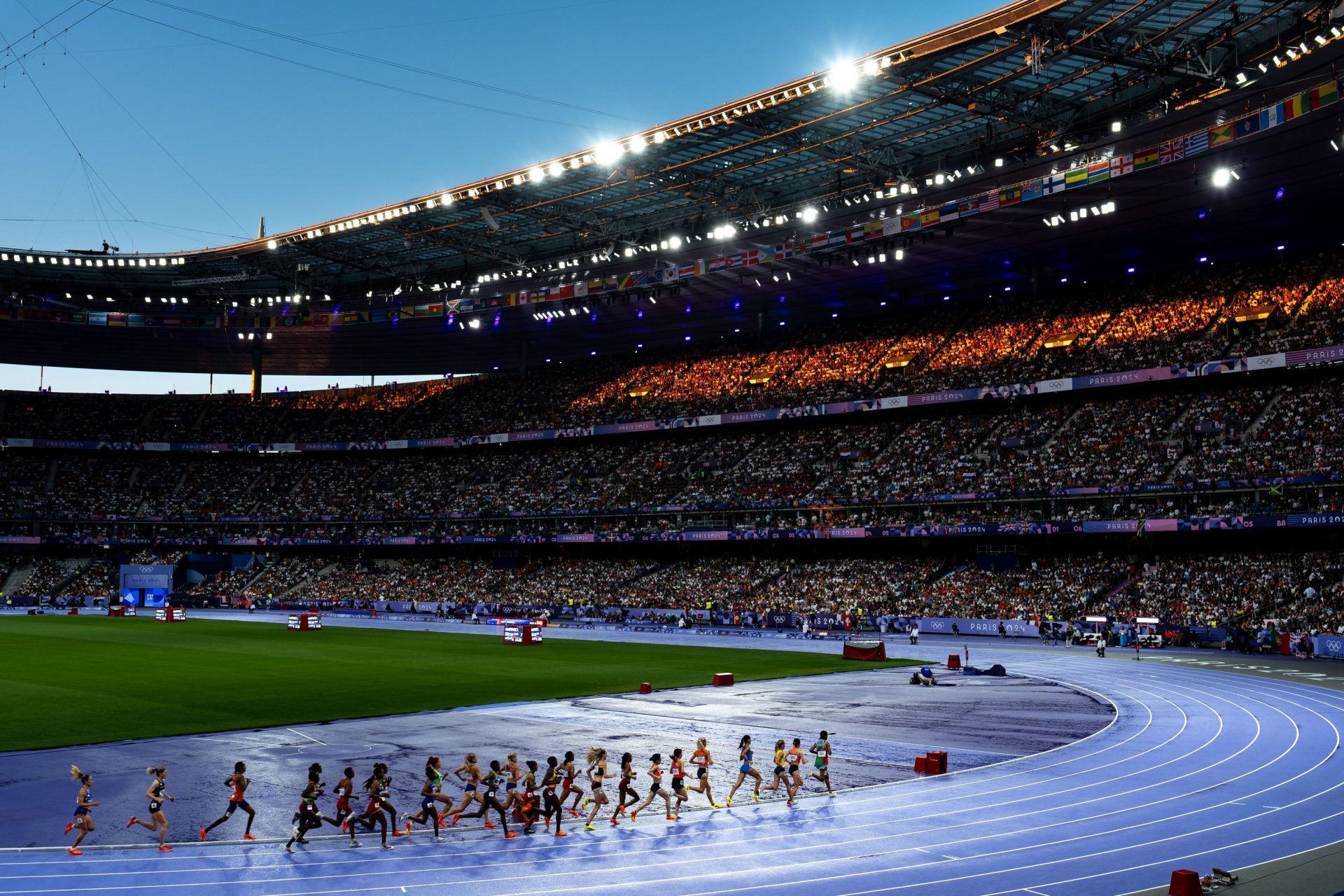 A general view as athletes compete in the women’s 10,000m final during the Paris 2024 Olympic Summer Games at Stade de France in Saint-Deanis, France, Friday, Aug. 9, 2024.