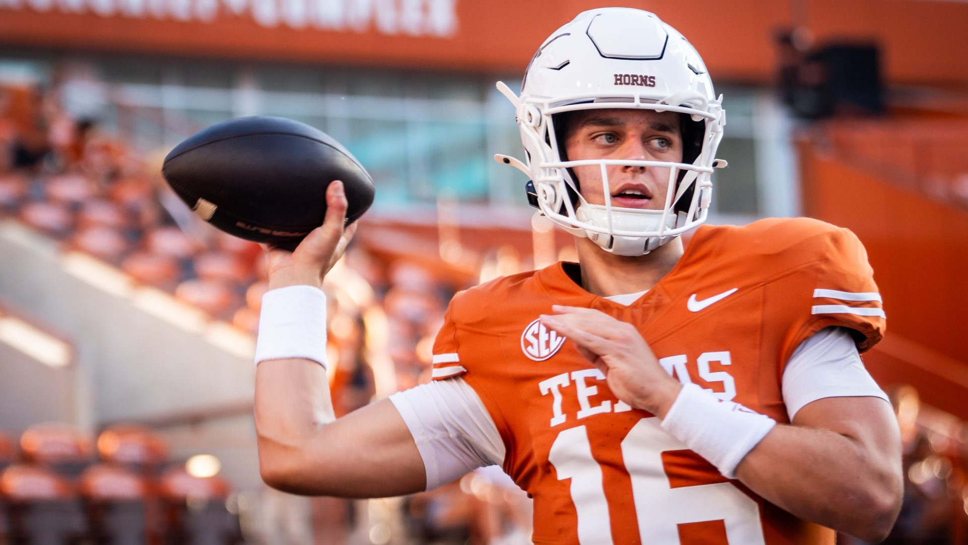 Sep 21, 2024; Austin, Texas, USA; Texas Longhorns quarterback Arch Manning (16) warms up ahead of the Texas Longhorns' game against the ULM Warhawks at Darrell K Royal Texas Memorial Stadium.