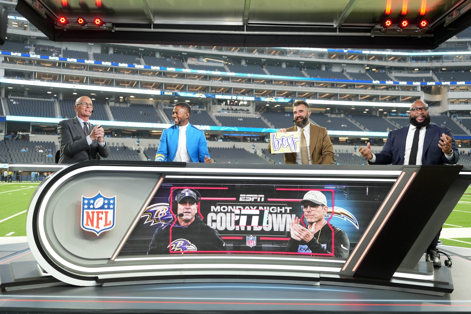 Nov 25, 2024; Inglewood, California, USA; From left: Scott Van Pelt, Ryan Clark, Jason Kelce and Marcus Spears on the ESPN Monday Night Football Countdown set before the game between the Baltimore Ravens and the Los Angeles Chargers at SoFi Stadium.