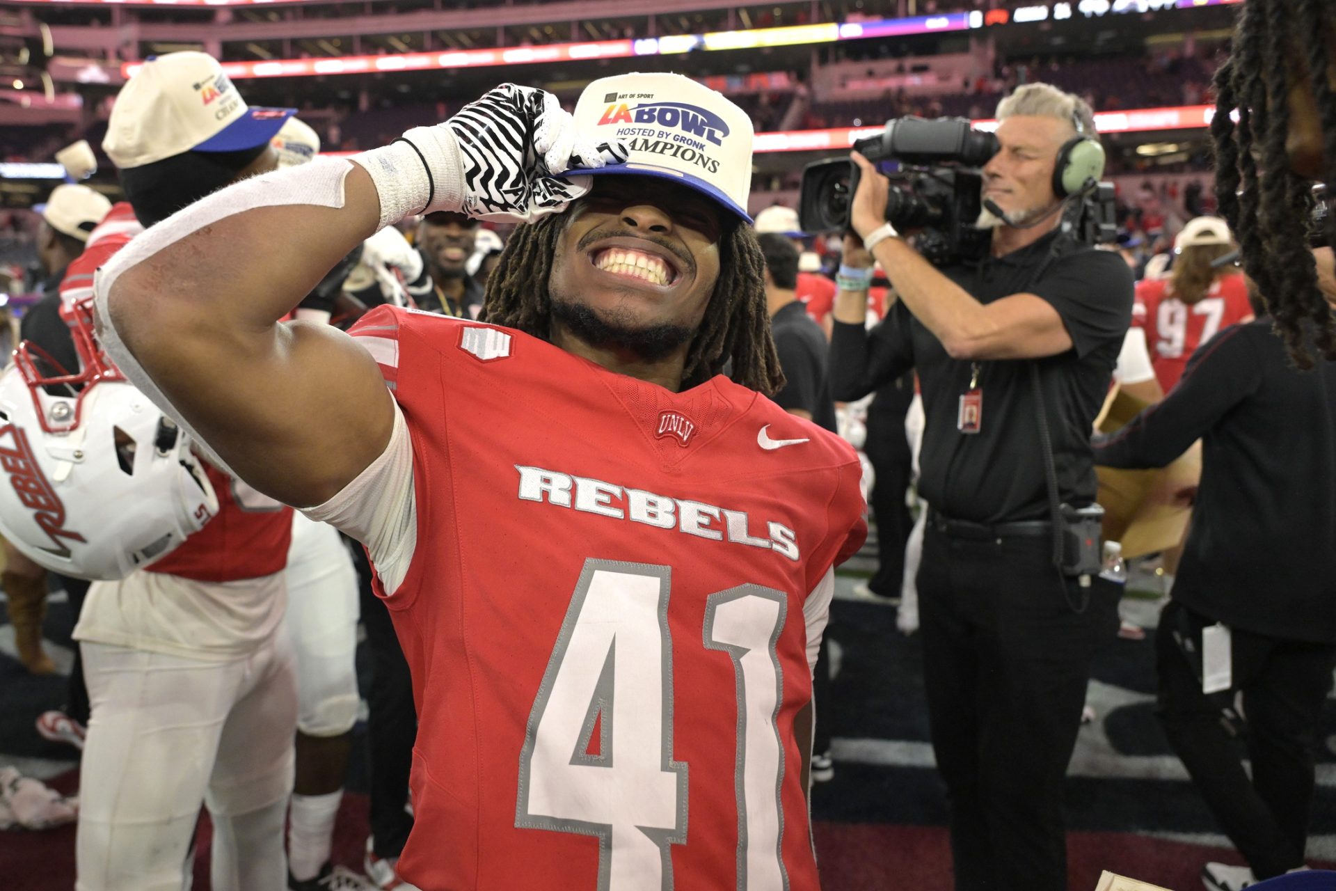 Dec 18, 2024; Inglewood, CA, USA; UNLV Rebels defensive back Rashod Tanner (41) celebrates after defeating the California Golden Bears in the LA Bowl at SoFi Stadium.