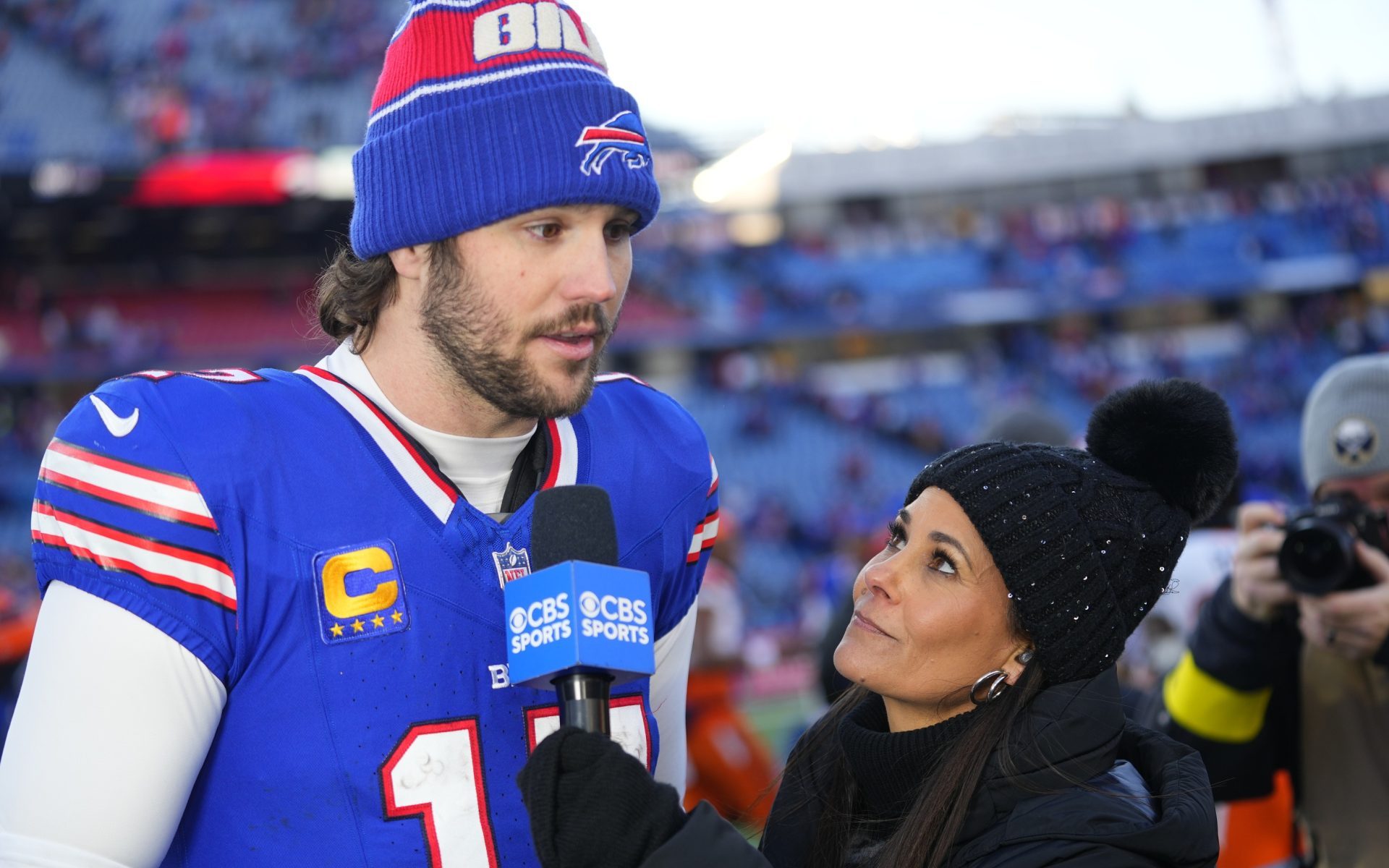 Jan 12, 2025; Orchard Park, New York, USA; CBS Sports field reporter Tracy Wolfson interviews Buffalo Bills quarterback Josh Allen (17) following a win over the Denver Broncos in an AFC wild card game at Highmark Stadium.