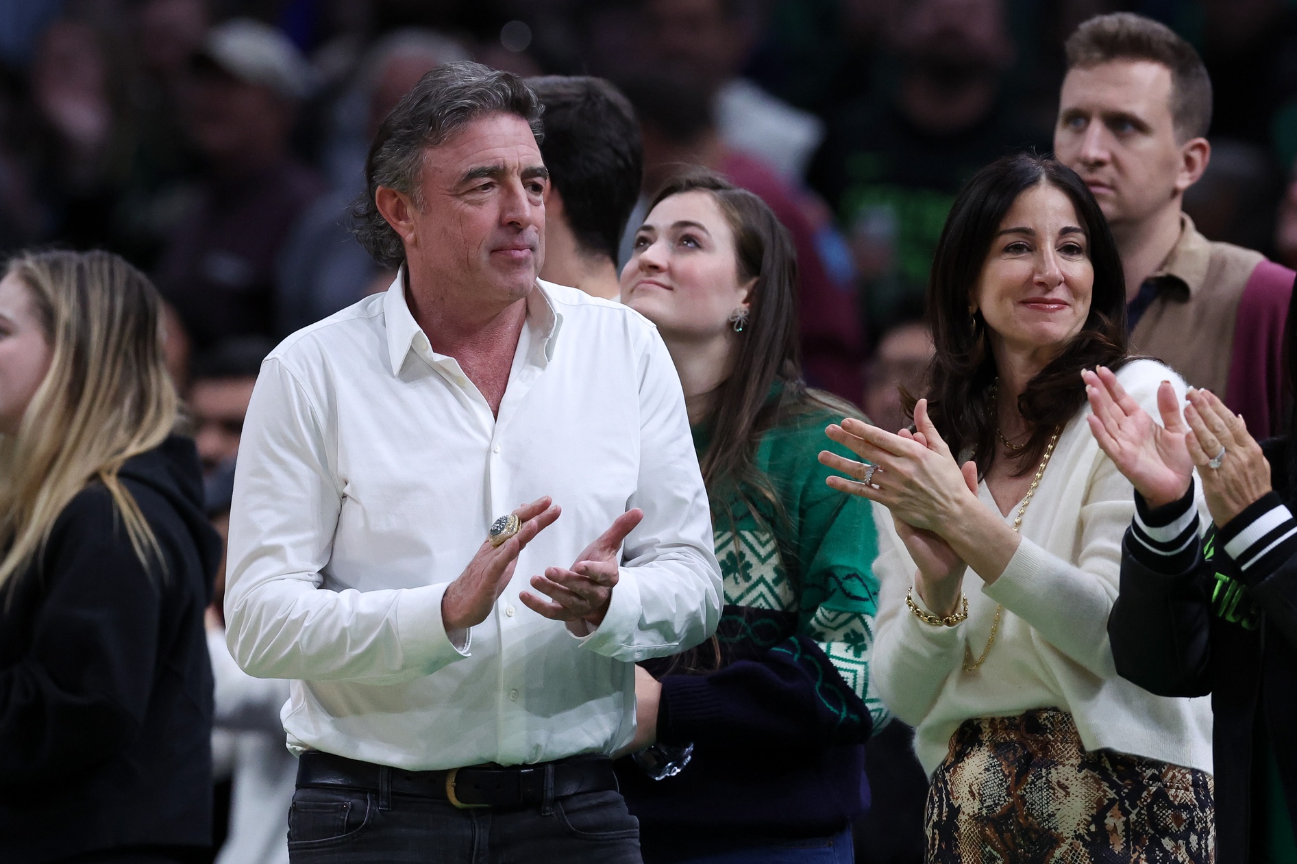 Mar 2, 2025; Boston, Massachusetts, USA; Boston Celtics majority owner Wyc Grousbeck cheers on the Celtics during the during the second half against the Denver Nuggets at TD Garden.