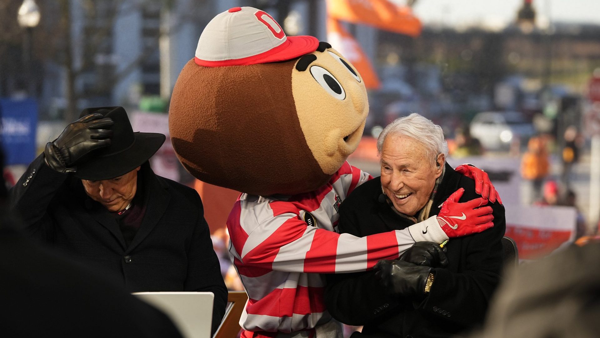Ohio State mascot Brutus interacts with Lee Corso on the set of ESPN College GameDay prior to the College Football Playoff first round game between the Ohio State Buckeyes and Tennessee Volunteers in Columbus on Dec. 21, 2024.