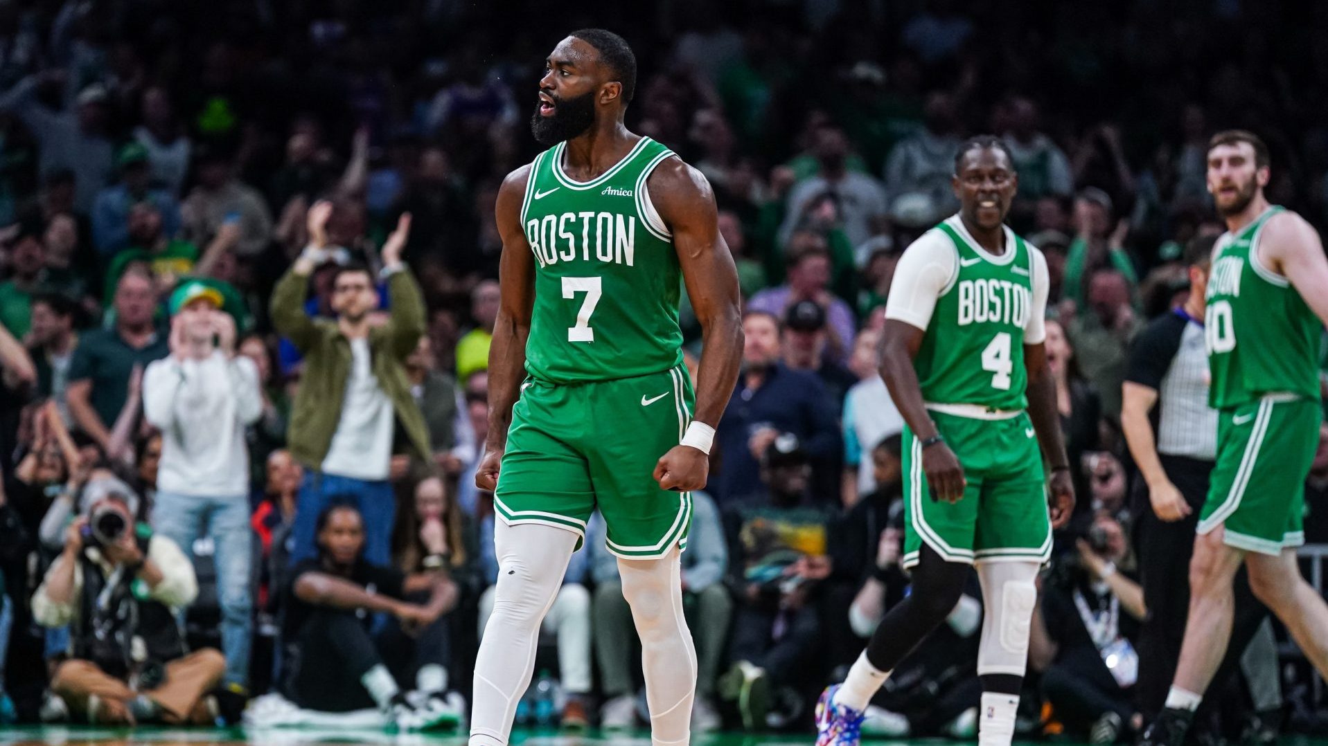 May 7, 2025; Boston, Massachusetts, USA; Boston Celtics guard Jaylen Brown (7) react after a play against the New York Knicks in the second quarter during game two of the second round for the 2025 NBA Playoffs at TD Garden.