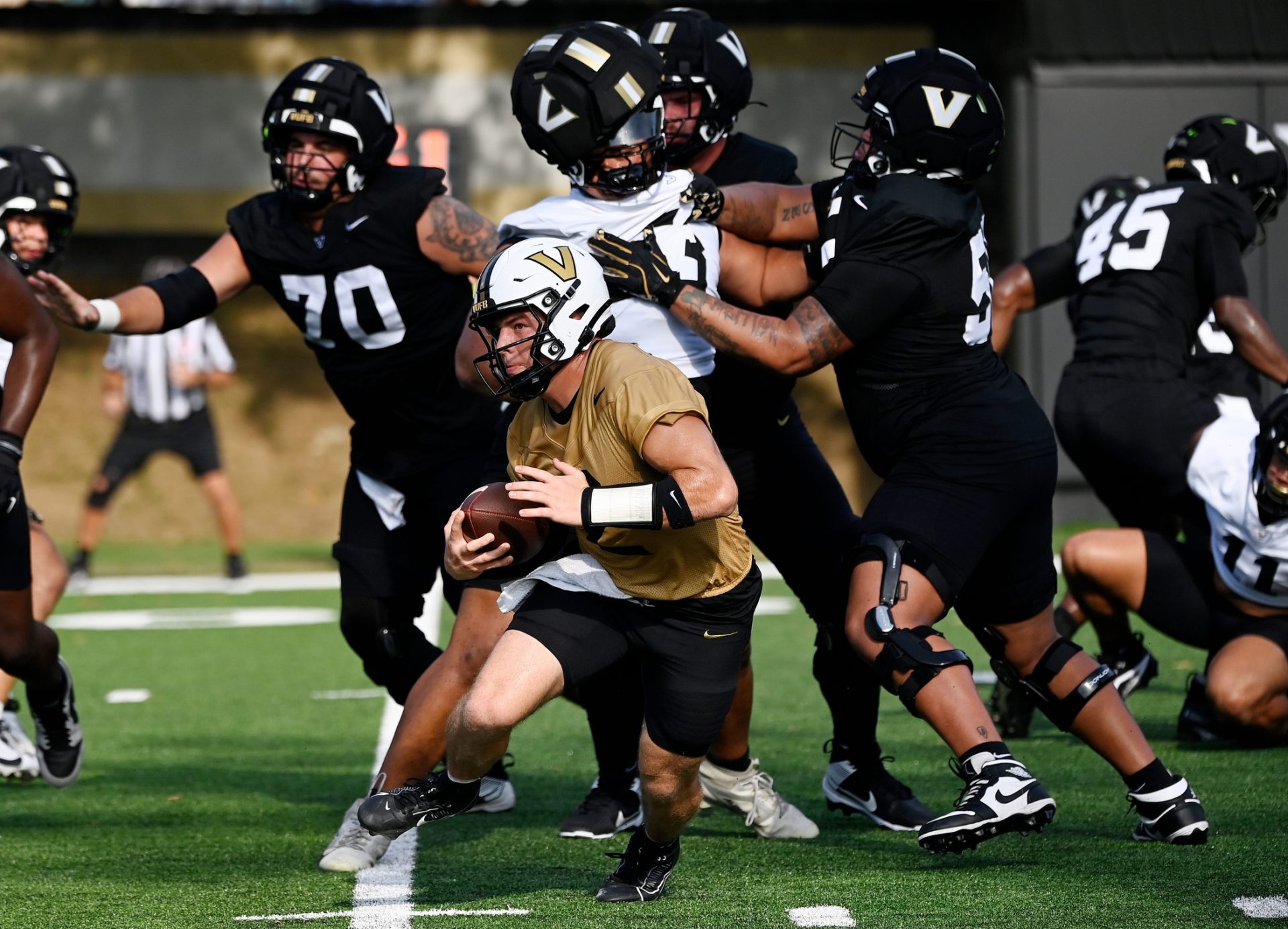 Vanderbilt quarterback Diego Pavia (2) carries the ball during fall practice Wednesday, July 30, 2025, in Nashville, Tenn.