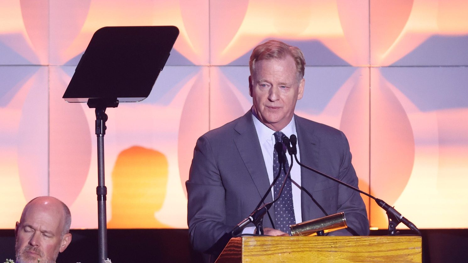 NFL Commissioner Roger Goodell speaks during the Pro Football Hall of Fame's 2024 Enshrinees Gold Jacket Dinner at the Canton Civic Center, Friday, Aug. 2, 2024.