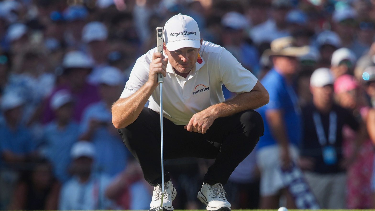 Justin Rose lines up a putt on the 18th hole during the final round of the FedEx St. Jude Championship at TPC Southwind in Memphis, Tenn., on August 10, 2025.