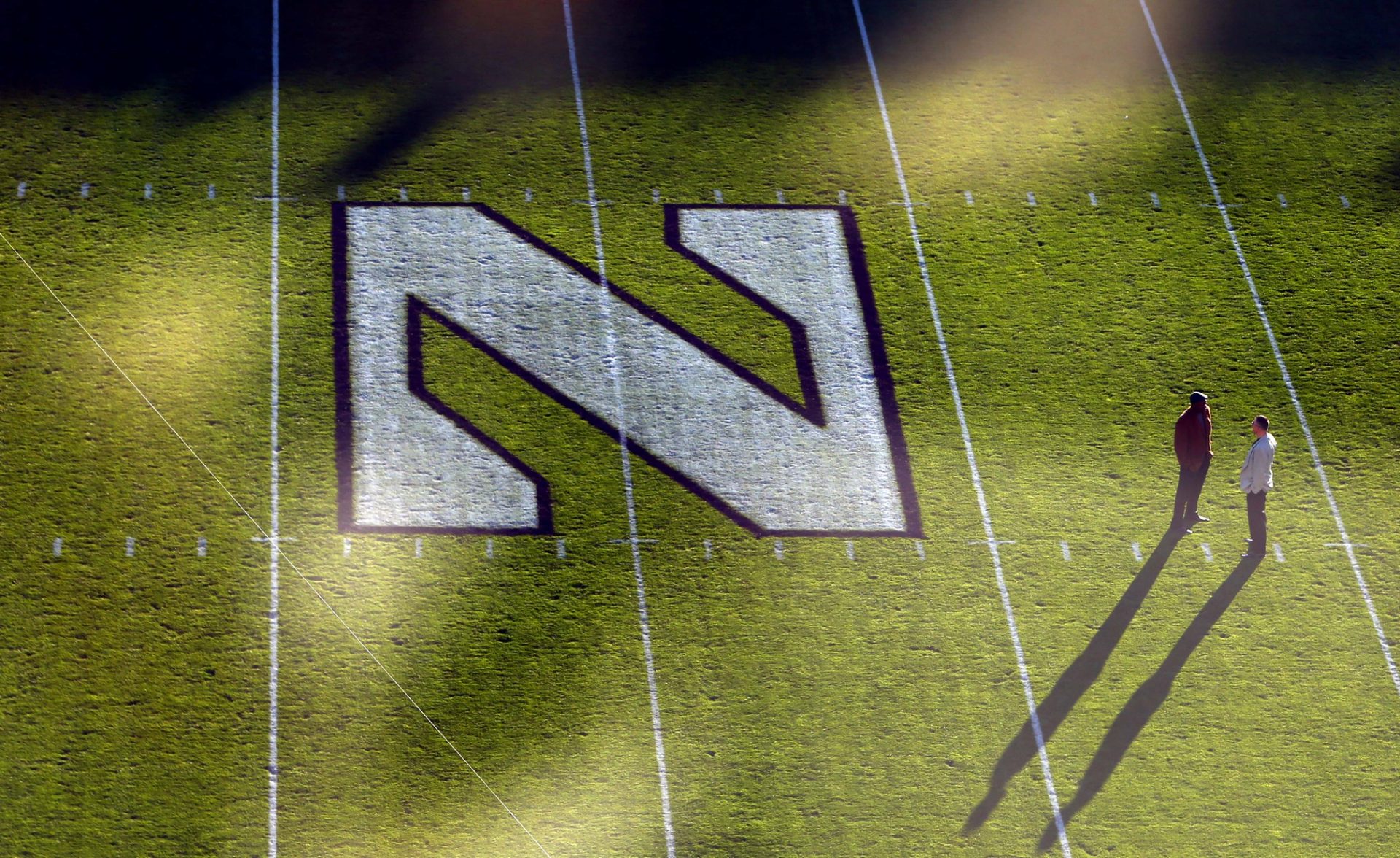 Oct 17, 2015; Evanston, IL, USA; A general view of the Northwestern Wildcats logo at midfield before the game against the Iowa Hawkeyes at Ryan Field.